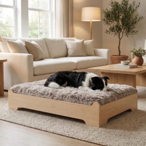 L Size Natural Wood Elevated Dog Bed with Cushion